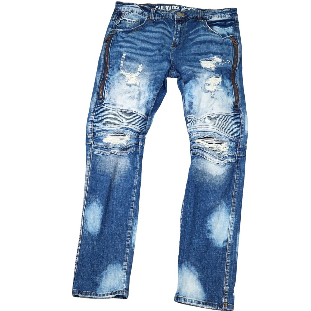 Smugglers Moon Jeans Men 38W‎ 33L ACT 36W 34L Blue Acid Distressed Moto Biker